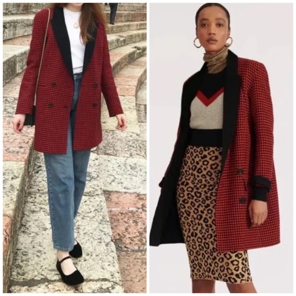 Veronica Beard Jackets & Blazers - Veronica Beard Senna Houndstooth Double Breasted Wool Cashmere Long Coat Red